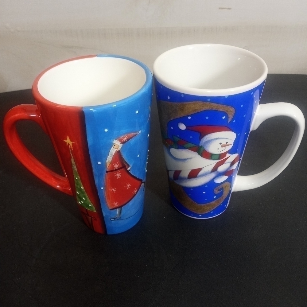 SET of Two Tall Christmas Coffee or Hot Chocolate Mugs 16oz